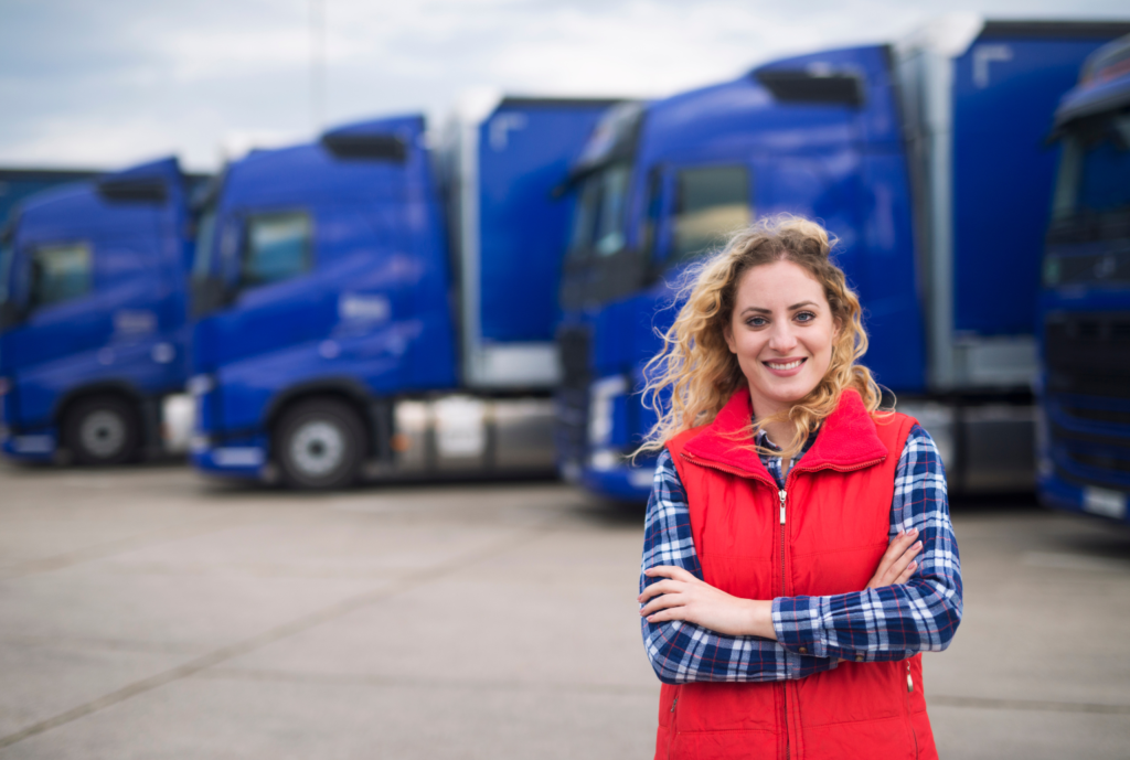 truck woman driver standing in front of blue semi trucks