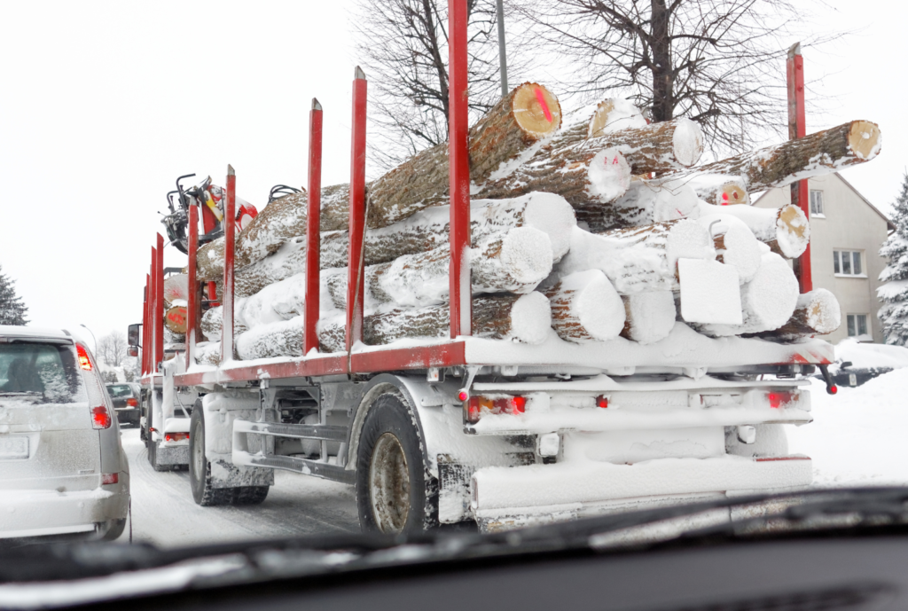 red truck carrying logs on a winter