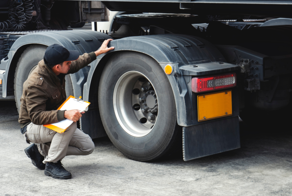 truck driver checking wheels of his truck