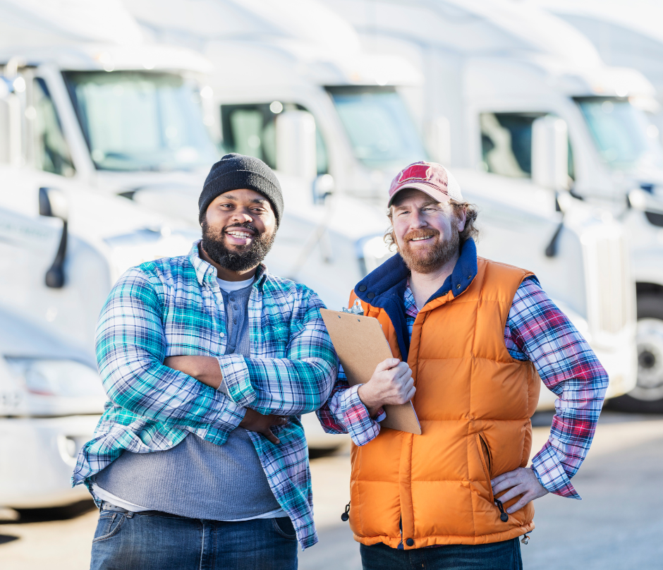 two truck drivers together smiling