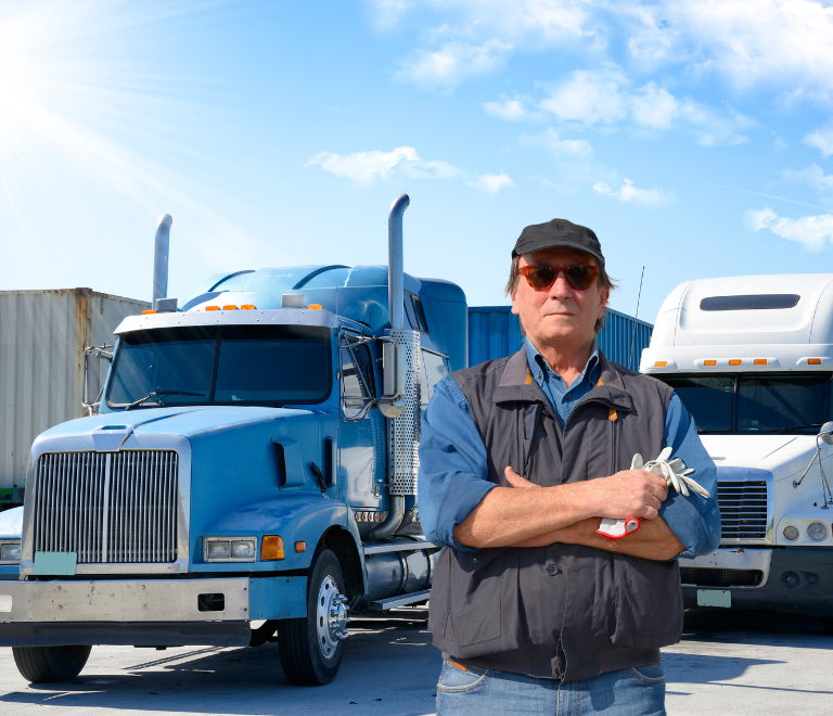 truck driver in front of trailers