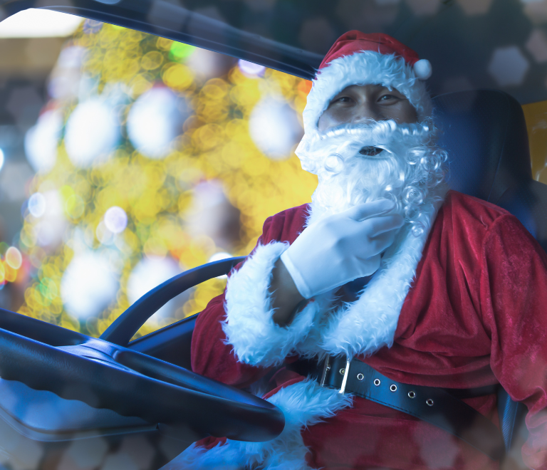 truck driver wearing santa claus costume
