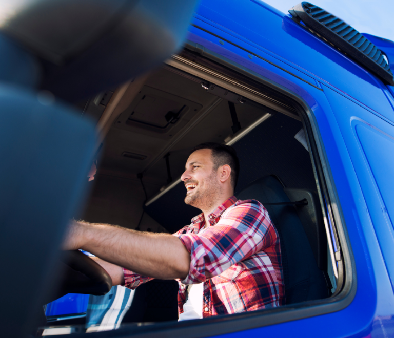 trucker is happy while driving